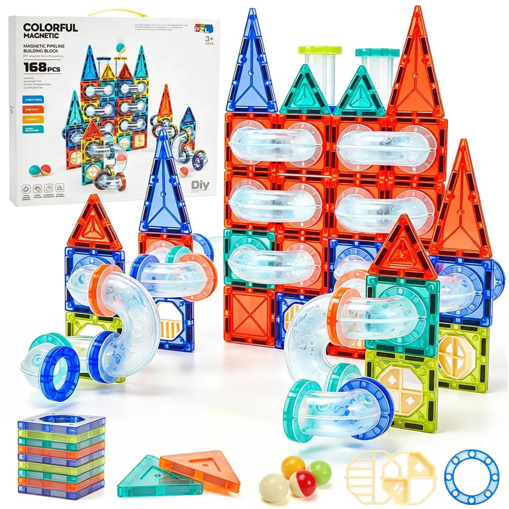 JogoJunto Brinquedo Magnético de Construção 3D com 168 Peças, Circuito de Bolinhas, Tubos e Pistas Criativas 3+ Anos