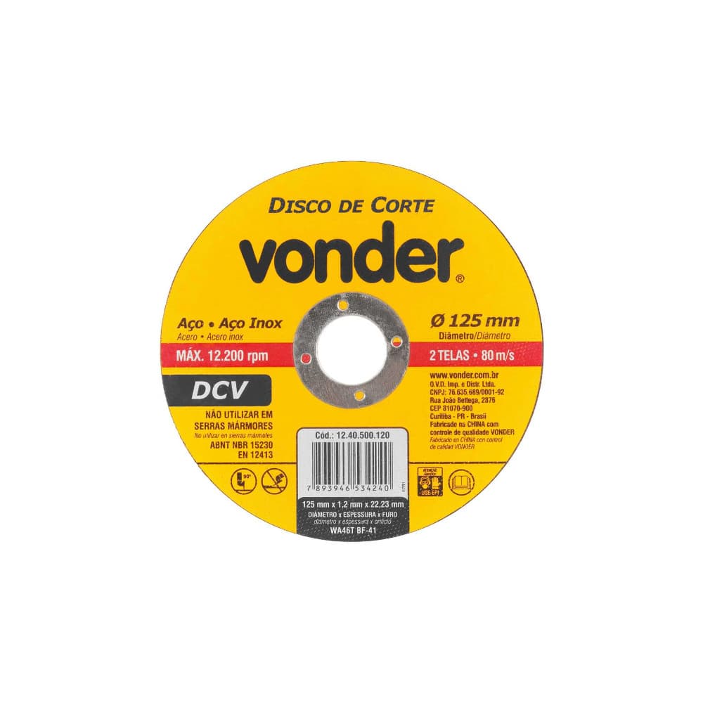Disco de Corte Inox 5 x 1,2 - 125 x 1,2 x 22,23 G46 DCV - VONDER