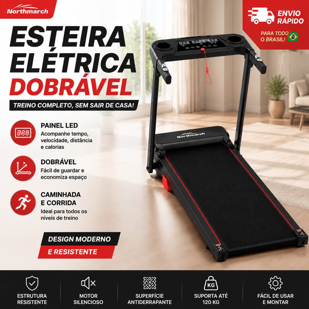 Esteira Elétrica Ergométrica Dobrável para Casa com Painel LED, Motor Silencioso, Controle de Velocidade 127V/220V