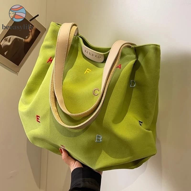 Bolsa De Lona Com Letras Bordadas-Estudante Feminina Da Moda Ótima Capacidade