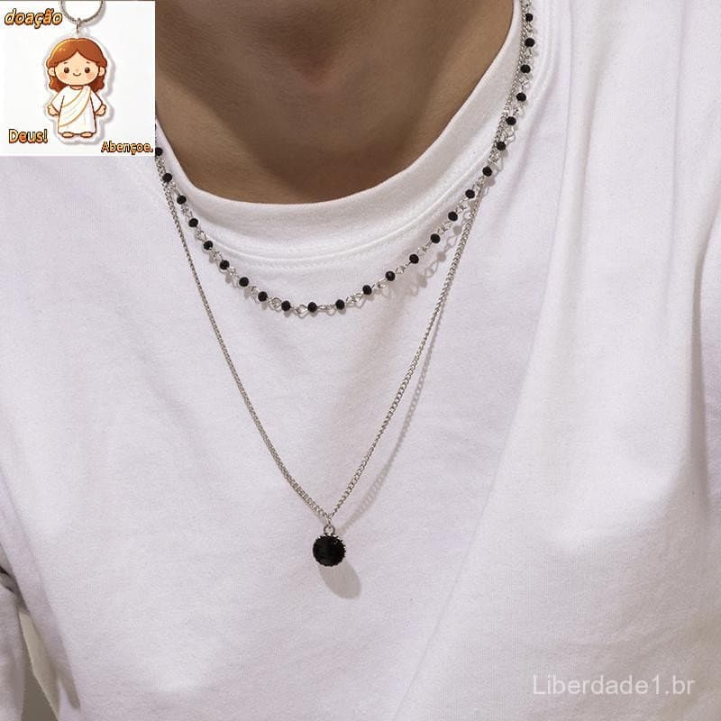 Simples Dupla Camada Pérola Colar Homem Preto Strass Pingente Para Corrente Masculina Jóias Acessórios Novo