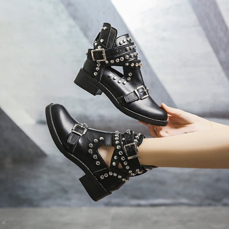 Botas de couro femininas com salto curto, zíper traseiro, detalhes em rebites, tamanho grande, salto grosso, sandálias d