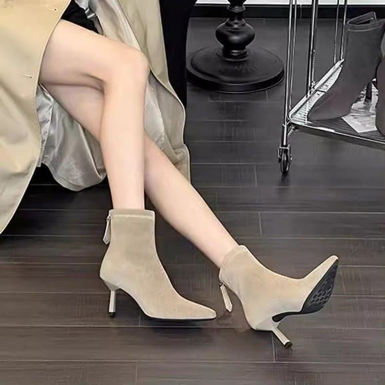 Botas finas de camurça para mulheres pequenas, salto de 5,5 cm de altura, zíper traseiro, bela ponta fina, salto fino, s