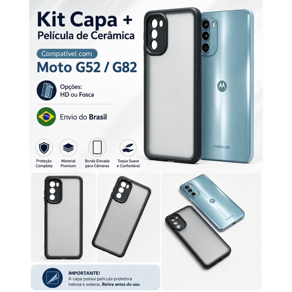 Kit Capa capinha translucida preto Premium motorola G52/G82+Película Cerâmica HD/Fosca