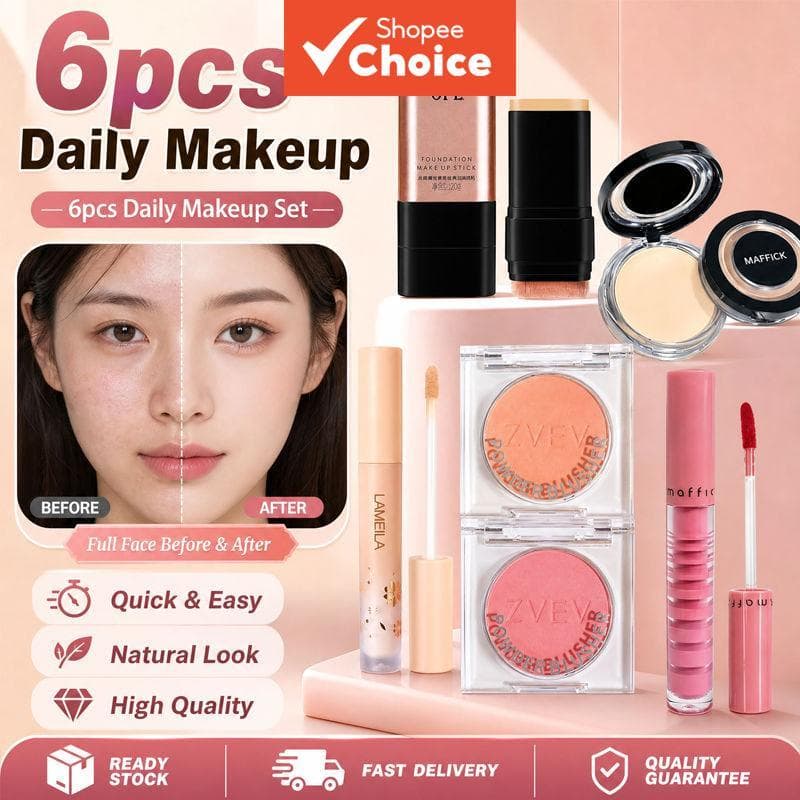 Kit Facial Completo – 6 Peças De Brilho Labial/Paleta De Blush (2 Unidades)/Pó Fixador/Corretivo Líquido/Bastão De Base