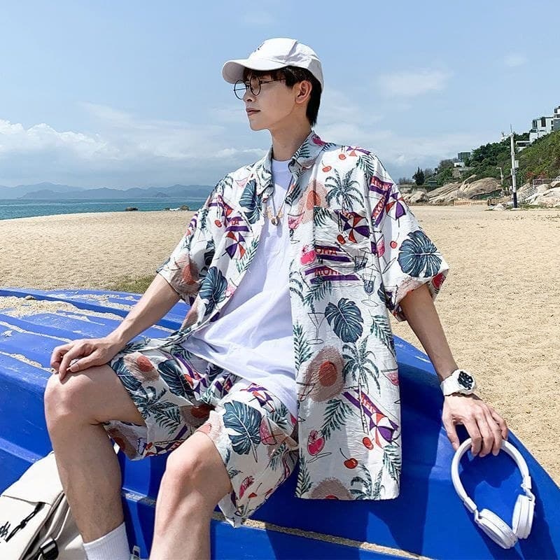 Terno de seda gelo masculino de secagem rápida camisa de manga curta solta tamanho grande cor praia Shorts casal combina