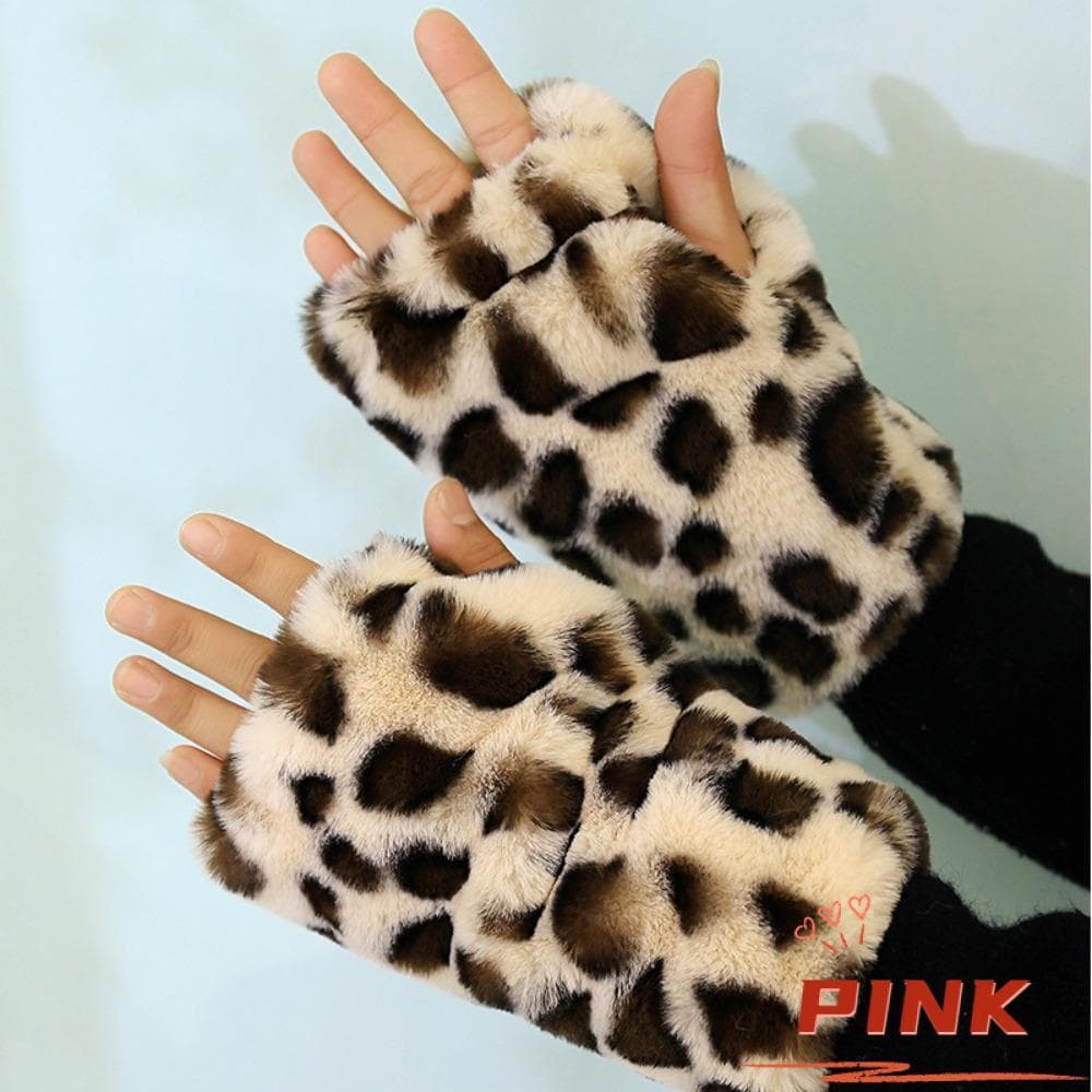 PINK1 Luvas Com Estampa De Leopardo , Imitação De Cabelo De Coelho , Quentes De Pelúcia Macias Grossas De Meio Dedo