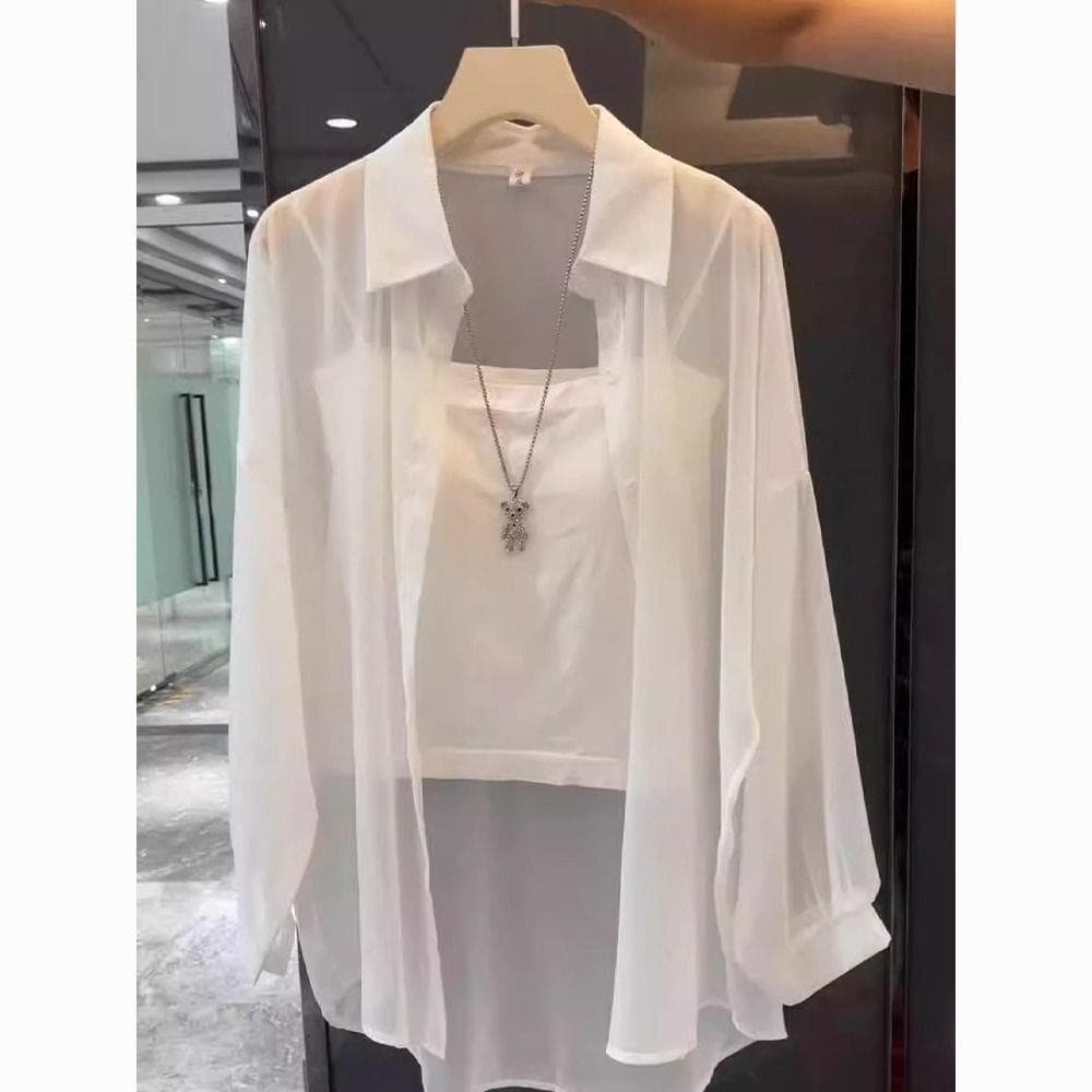 Nova pérola gaze Chiffon camisa feminina verão fino ligeiramente transparente jaqueta de manga comprida protetor solar c