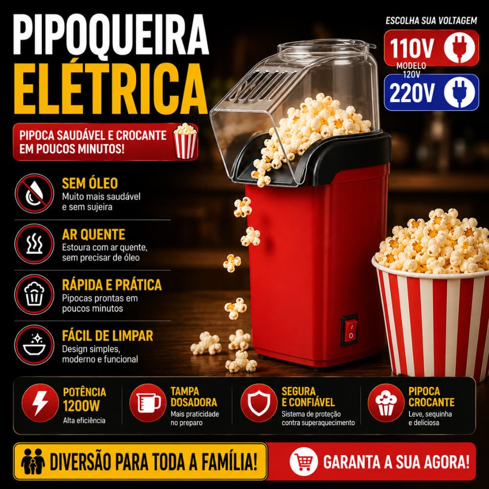 Pipoqueira Elétrica Sem Óleo Ar Quente 1200W Faz Pipoca Saudável Crocante 110V Ou 220V