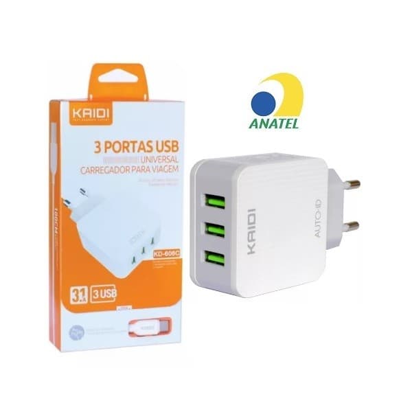 Carregador Rápido 3 Portas USB 3.1A Kaidi