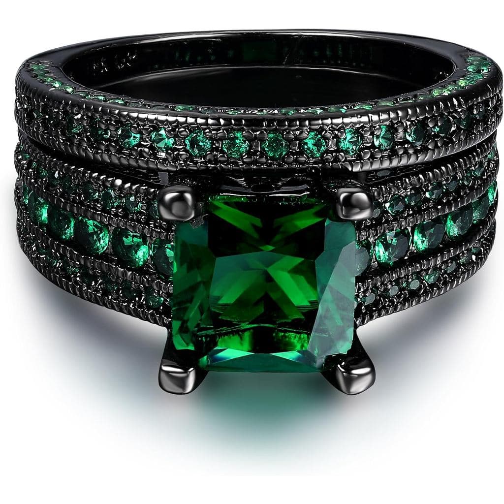 Joias Femininas, Anel de Noivado e Casamento em Ouro Preto com Corte Princesa, Zircônia Azul ou Verde, Conjunto de 2 Peç