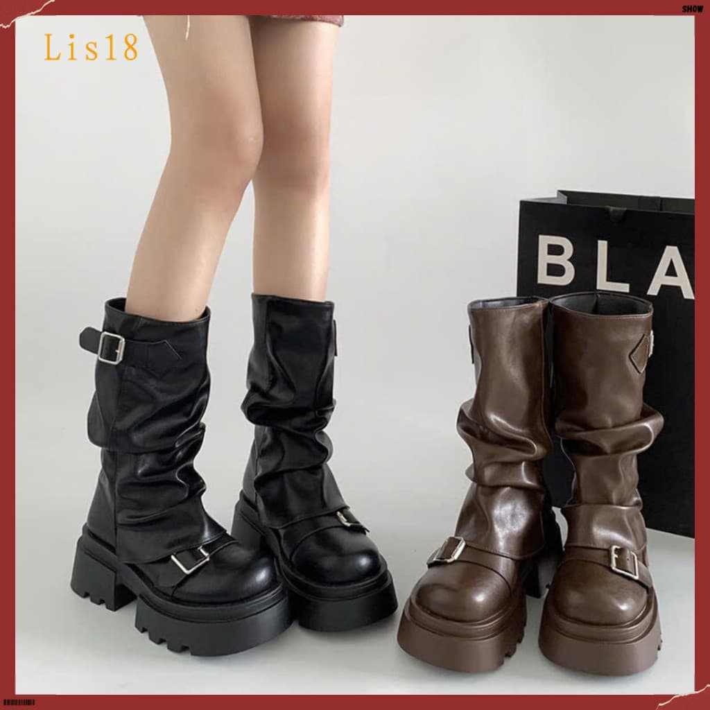 2026 Novas Botas Femininas , Salto Alto De 7 Cm E Sola Grossa , Feitas De Preto Liso De Alta Qualidade