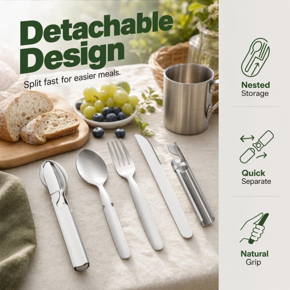 Conjunto de Utensílios de Camping 4 em 1, Garfo, Colher e Faca Portáteis de Aço Inoxidável com Design Dobrável e Clipe d