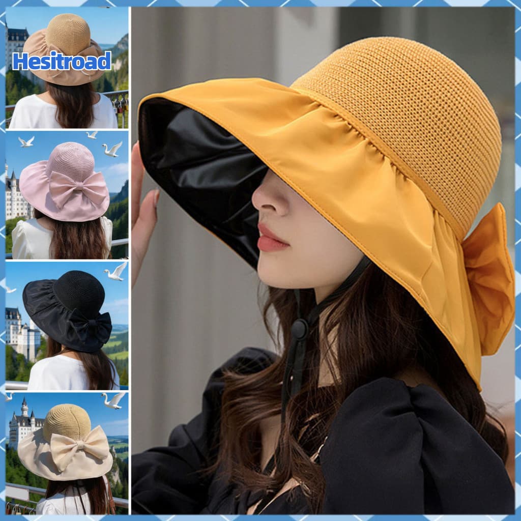 Woven Women’s Wide Brim Sun Hat with Bow – Breathable Uv Protection Floppy Beach for Summer Vacation Outdoor Camping