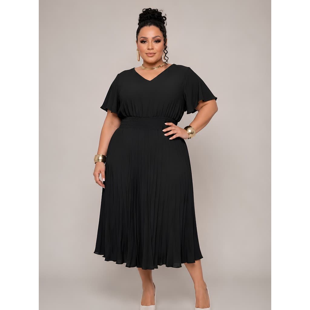 Vestido Midi Feminino Plissado Plus Size Cintura Elástica Premium Festa Elegante Evangélica