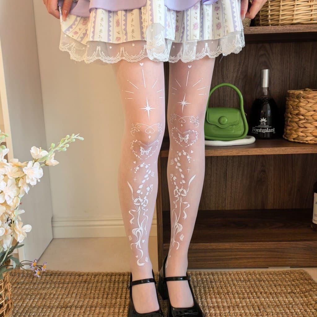 Nova Meia-Calça Lolita com Estampa de Coração e Borboleta - Totalmente Sedutora, Modeladora, para Pernas Bonitas, Meia-C