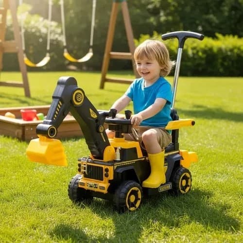 Retroescavadeira Eletrica Infantil 6V Amarela Trator Pa Movel Bateria Recarregavel Empurrador