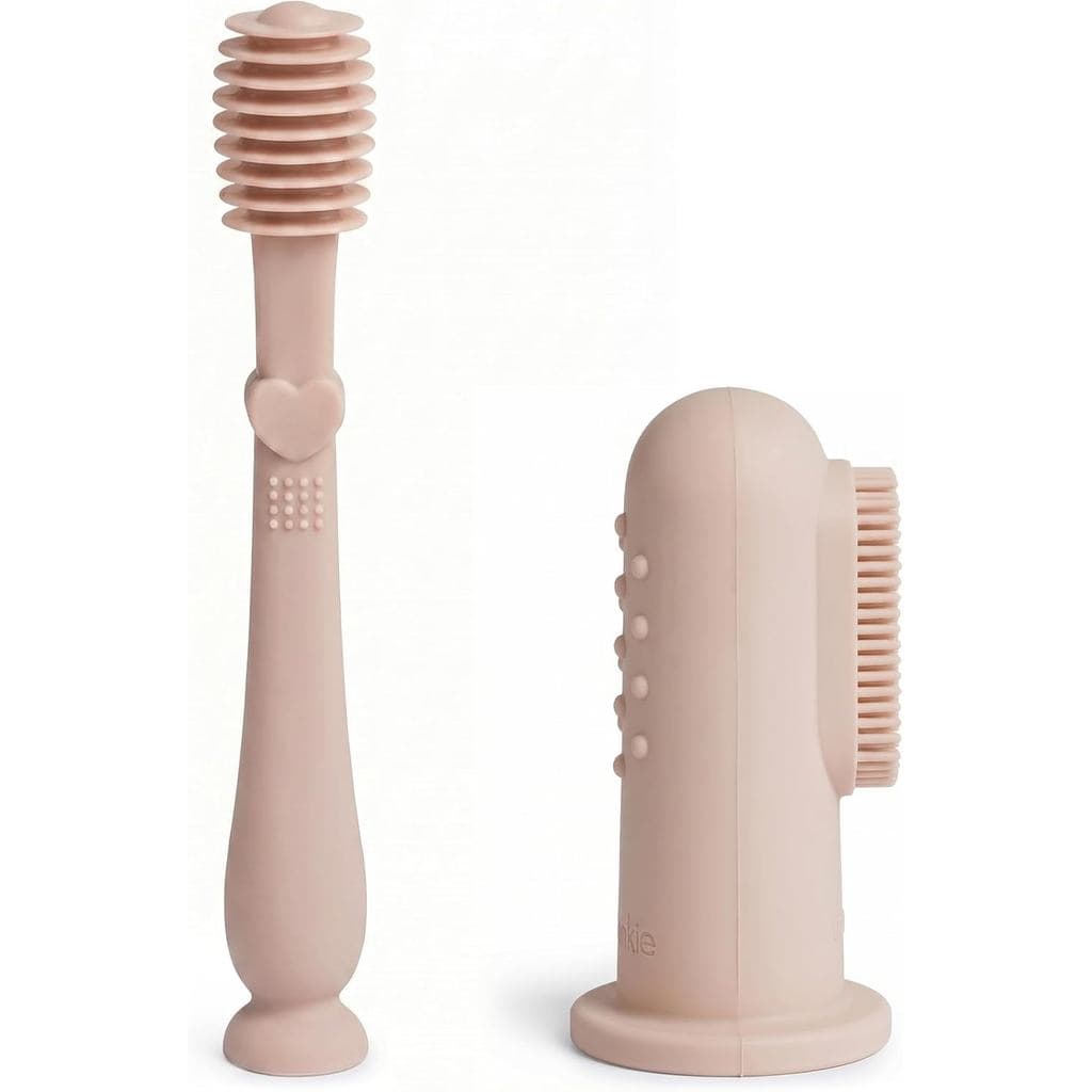 Kit de Escova de Dentes e Limpador de Língua Moonkie para Bebês a Partir de 3 Meses, 2 Peças (Rosa Claro)