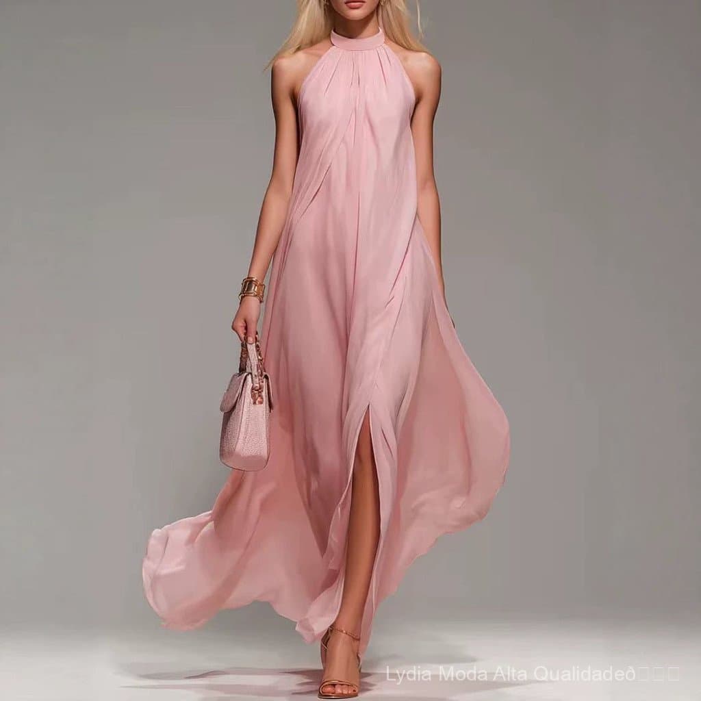[Liquidação por tempo limitado] Elegante e moderno vestido longo feminino rosa de alta qualidade, com decote halter e co