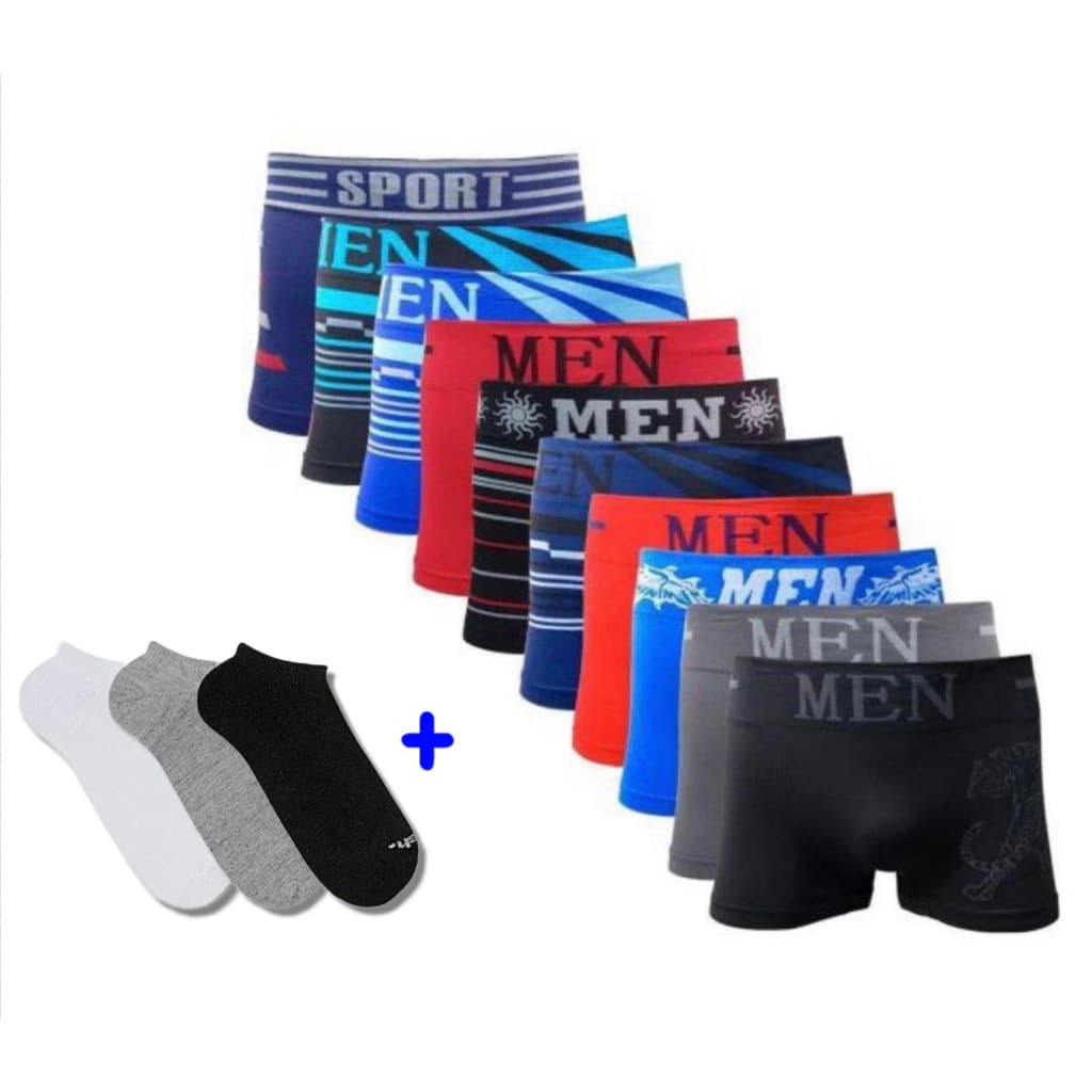 Kit 3 Cuecas Boxer + 6 Pares de Meias Masculinas Soquete AVN3