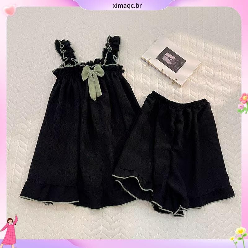 Pijamas de verão feminino Suspender Shorts conjunto estilo japonês arco ins estilo solto doce bonito fresco Homewear