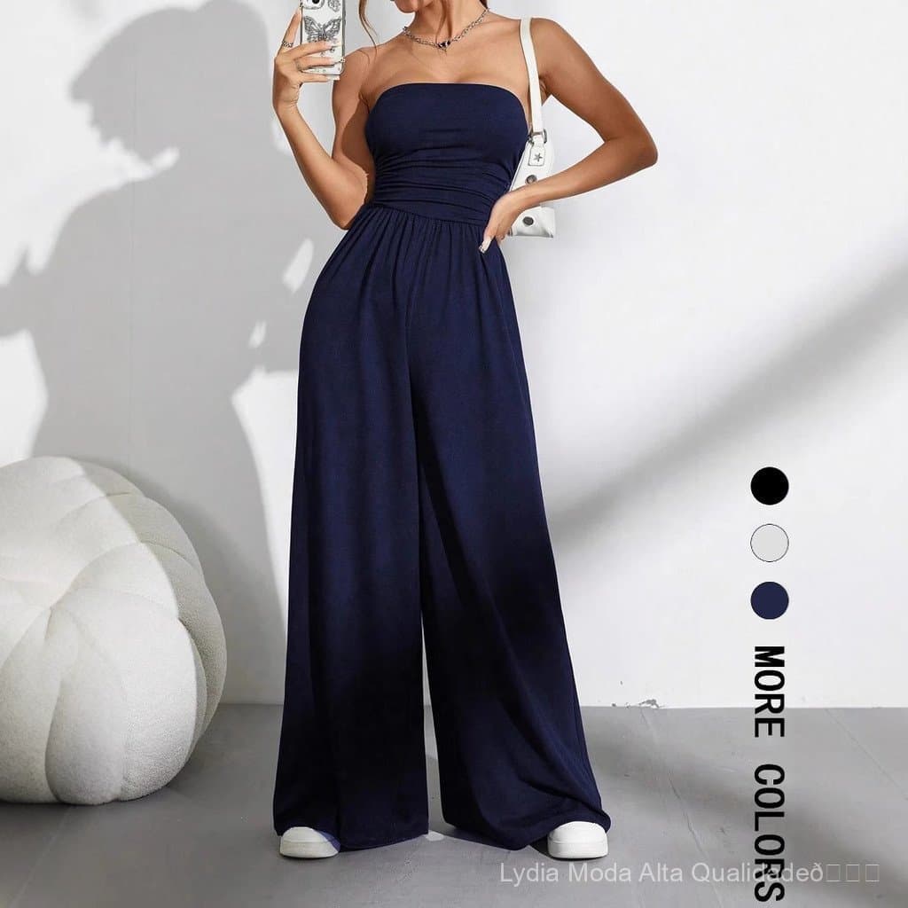 [Liquidação Total] Macacão casual feminino azul de perna larga, elegante e de alta qualidade, macacão de verão para mulh