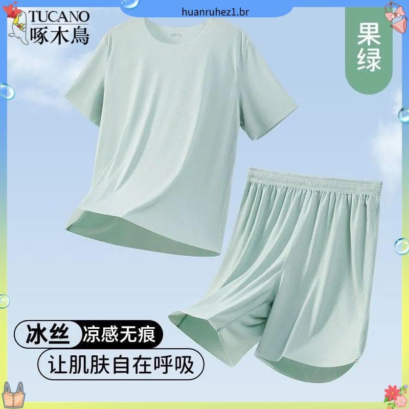 Woodpecker masculino Casual terno verão gelo seda legal sentimento sem costura pijamas de manga curta masculino solto gr