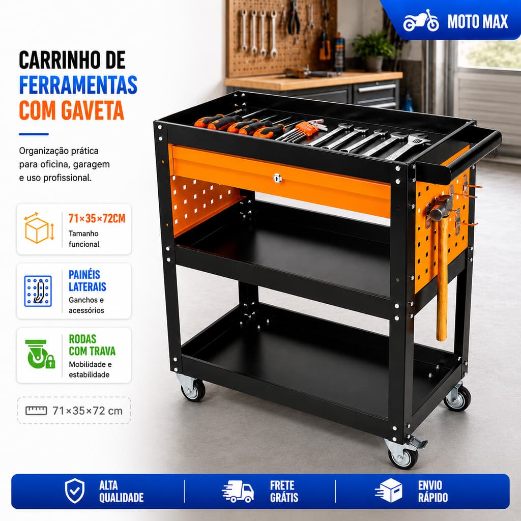 Carrinho para Ferramentas Profissional - Gaveta 120kg,  de 3 ,Aço,Gavetas Em Ambos Os Lados Níveis Ideal para Mecânicos
