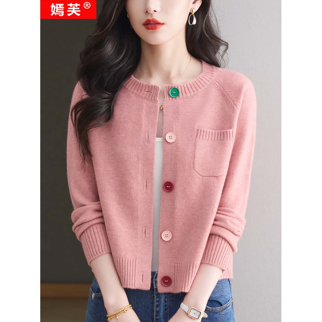 Yanfu suéter cardigã feminino primavera novo estilo pequena mãe gola redonda suéter xale jaqueta roupa externa