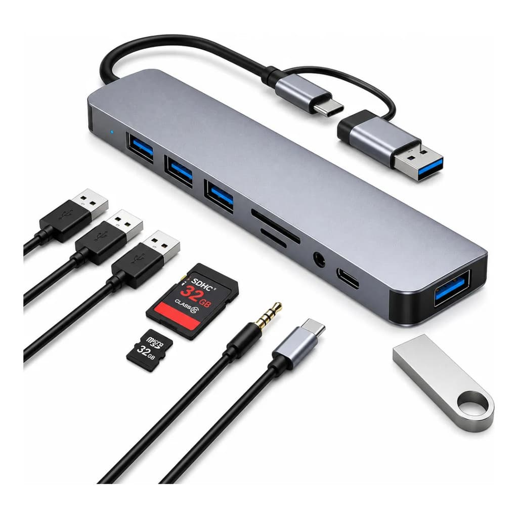 Hub Usb C 8 Em 1 Com Usb 3.0 Sd Tf P2 Áudio P/ Note Mac Cel