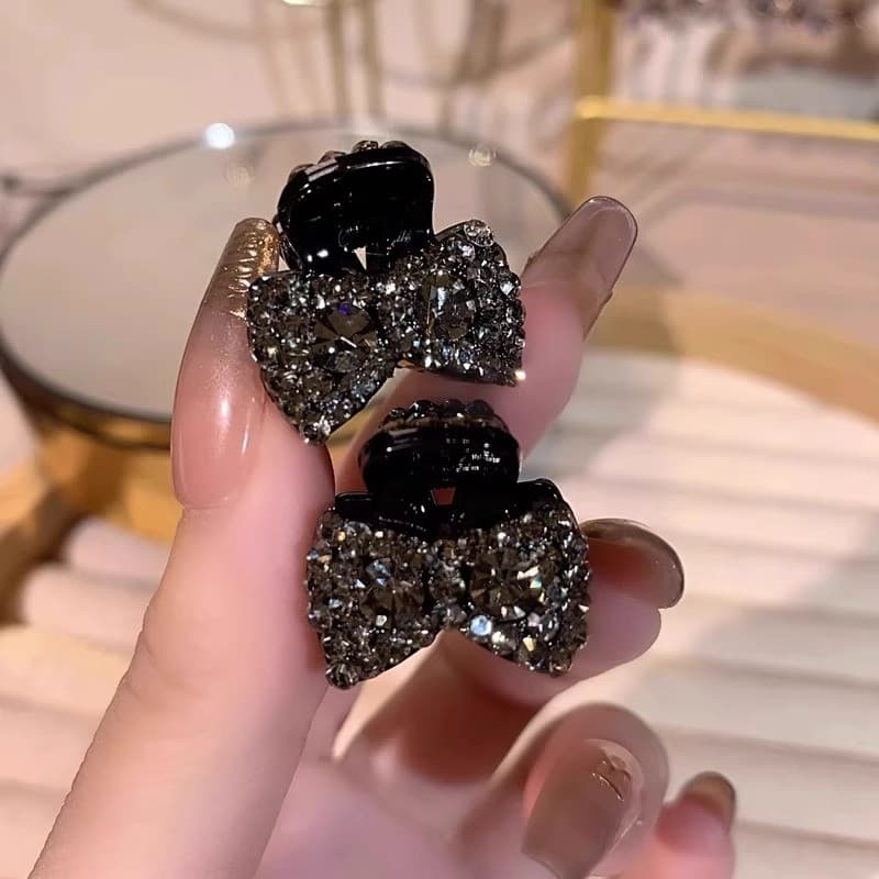 2pc Mini Strass Arco Garra De Cabelo Clipes Preto Cristal Bowknot Pequenos Grampos Feminino Meninas Franja Lado Moda Ace
