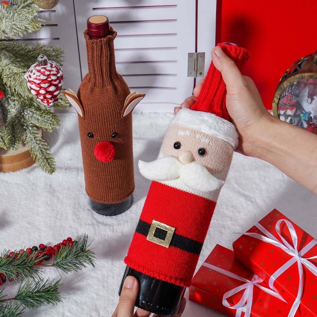 Conjunto De Capa De Garrafa De Vinho De Natal Tecido De Malha Velho Boneco De Neve Design Manga Decorativa Para Garrafas