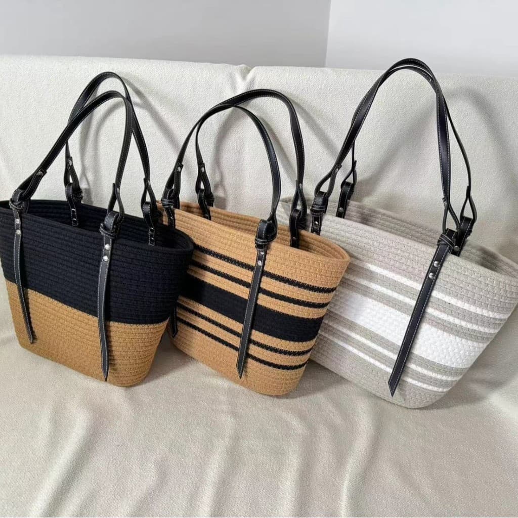 ❤️Bolsa Tote tecida à mão com fio de algodão verificado, bolsa de praia para férias, bolsa de ombro, bolsa diária para v