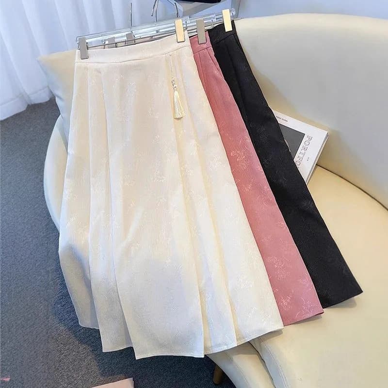Novo Estilo Chinês ins 2026 Primavera Saia Feminina plus size Com Cintura Elástica , Linha A mid-l