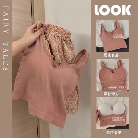 Calça de pijama Floral pijama feminino com almofada no peito versão coreana estilo ins camisola fresca conjunto de roupa
