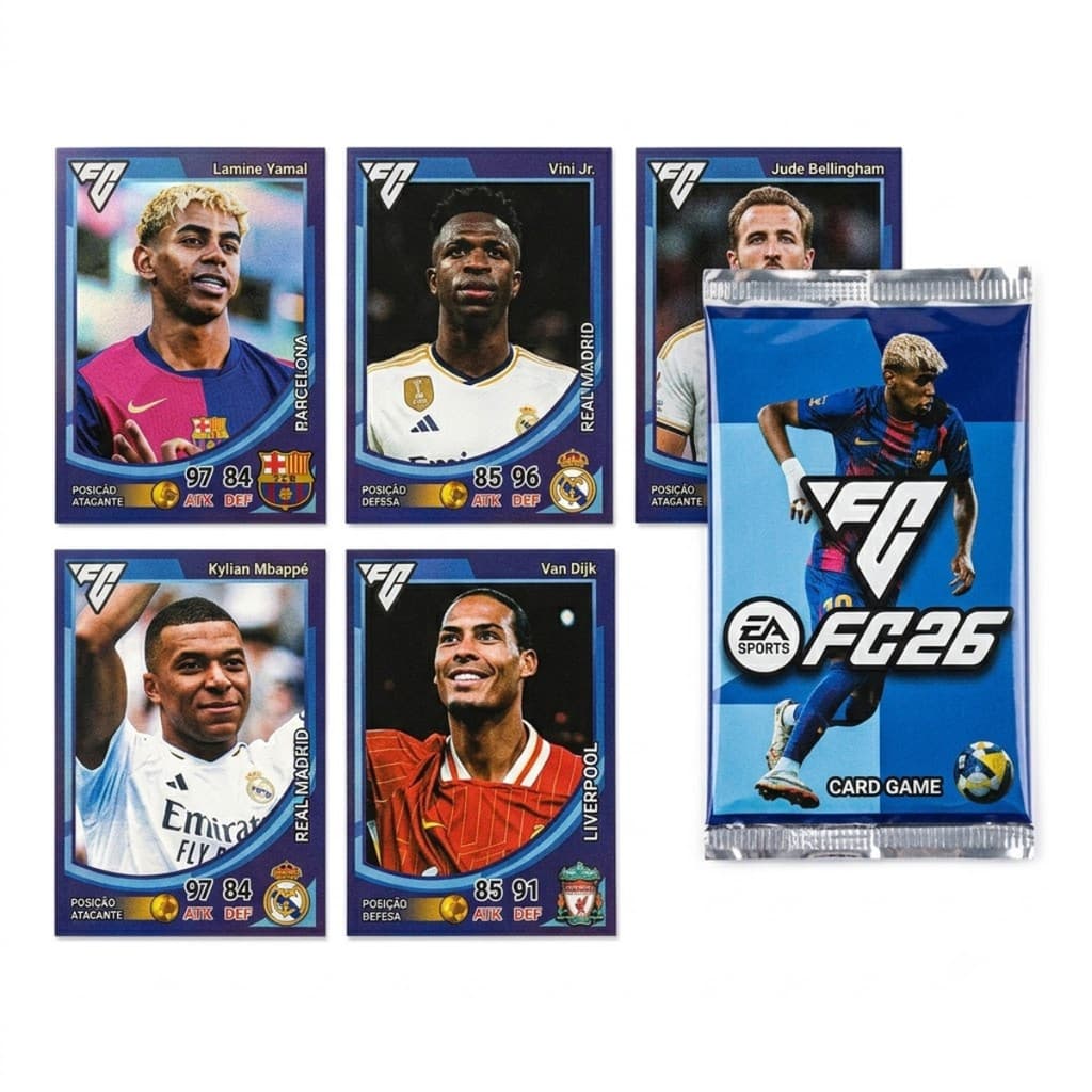 Kit 200 Cards Futebol Mundo EA FC Fifa 2026 50 Pacotinhos Fechados Para Bater Bafo Trocar Cartas Futebol