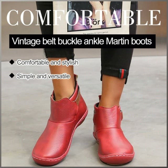 [Easy Velcro Design] Stitched Belt Buckle Flat Heel Ankle Roman Boots/PU Leather/Velcro Women’s Flat Boots