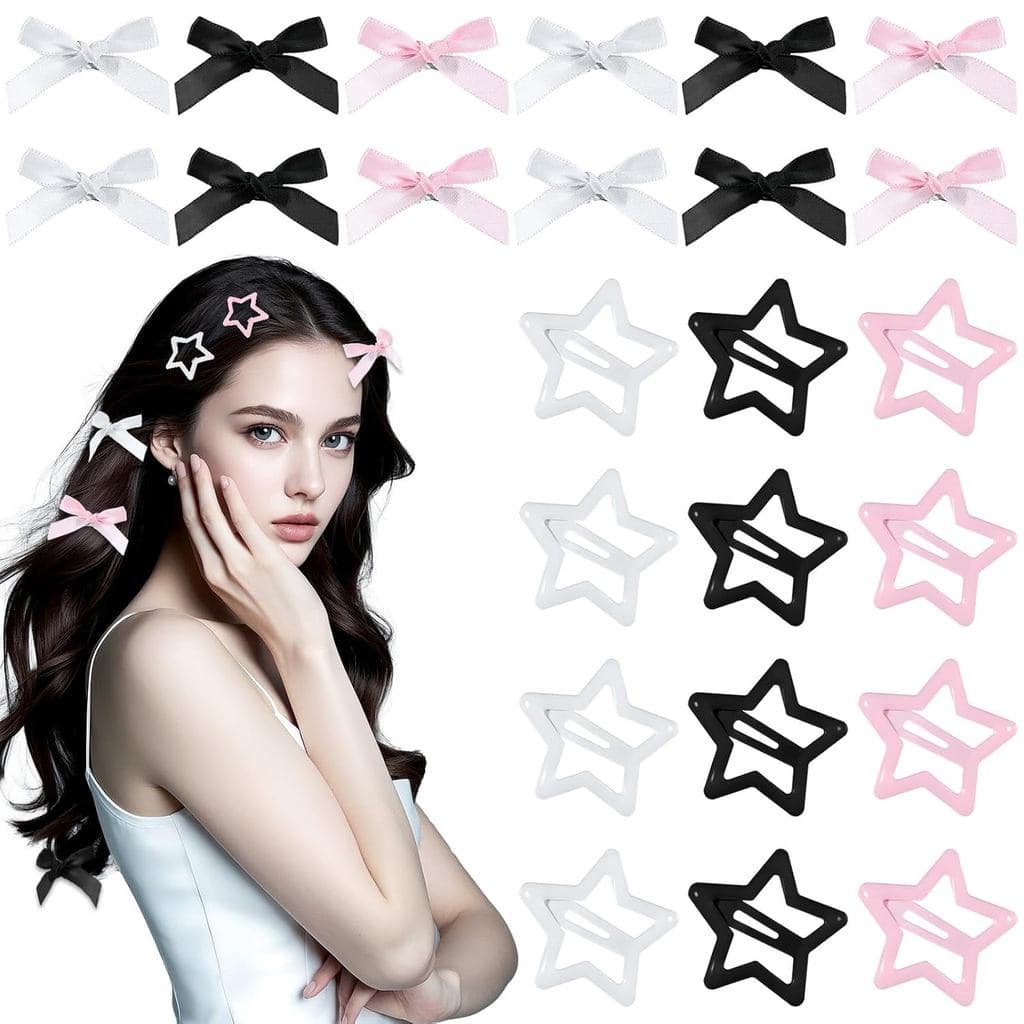 24 Presilhas de Cabelo em Forma de Estrela, Laços Pequenos Reutilizáveis e Fofos para Cabelo, Acessórios de Cabelo Exqui