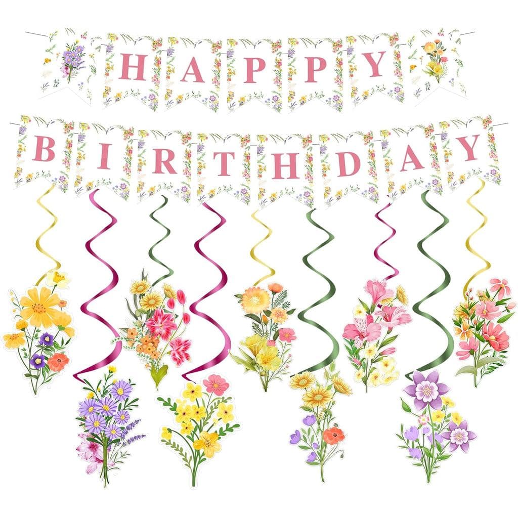 Decorações Florais para Festa de Aniversário de Meninas, Faixa de Feliz Aniversário com Flores Silvestres, Guirlanda e E
