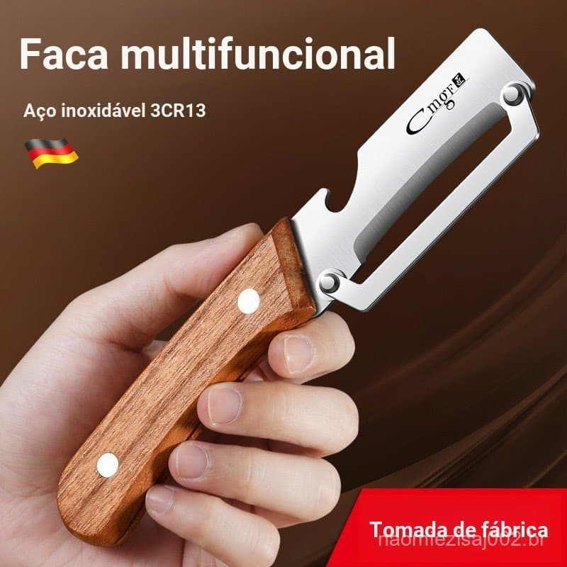 Descascador Multifuncional de Cozinha com Cabo de Madeira Sólida, Ferramenta de Descascar para Descascar Pepinos e Abóbo