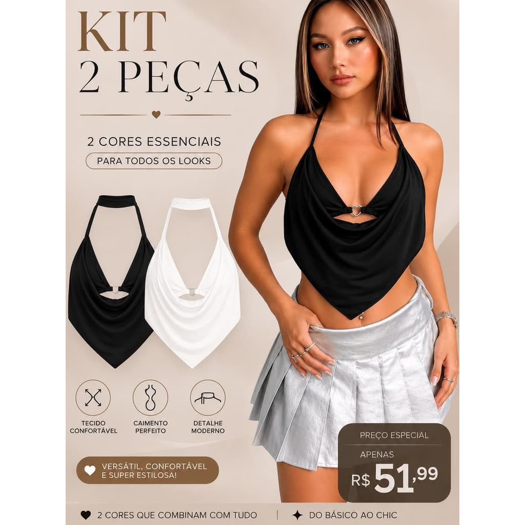 Kit 2 Blusas Femininas Frente Única com Argola de Coração – Moda Tendência