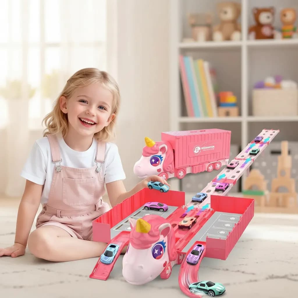 Caminhão Unicórnio Porta Carrinhos Transformável Com Pista 6 Carrinhos Brinquedo Infantil Educativo
