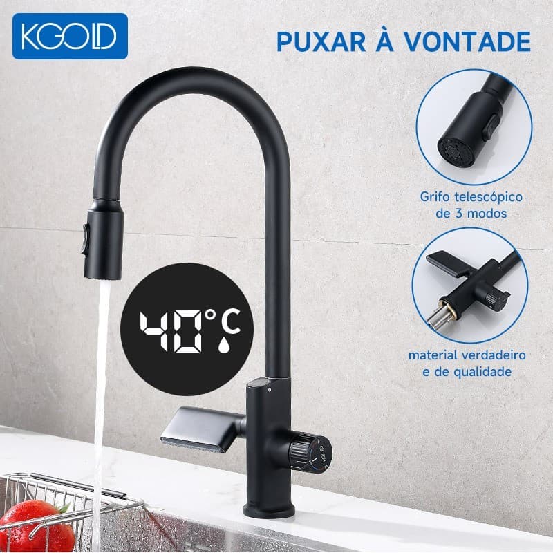 Torneira de cozinha com ducha extraível (com visor de temperatura)