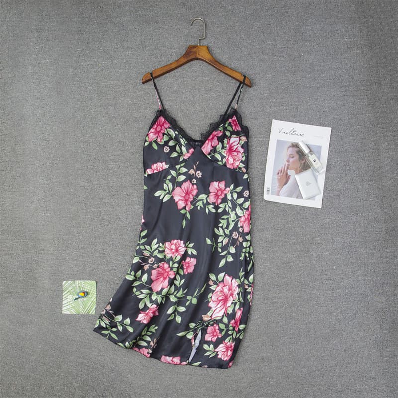 [Estoque pronto] Sling Deep V Simulação Seda Otimizada Camisola Renda Confortável