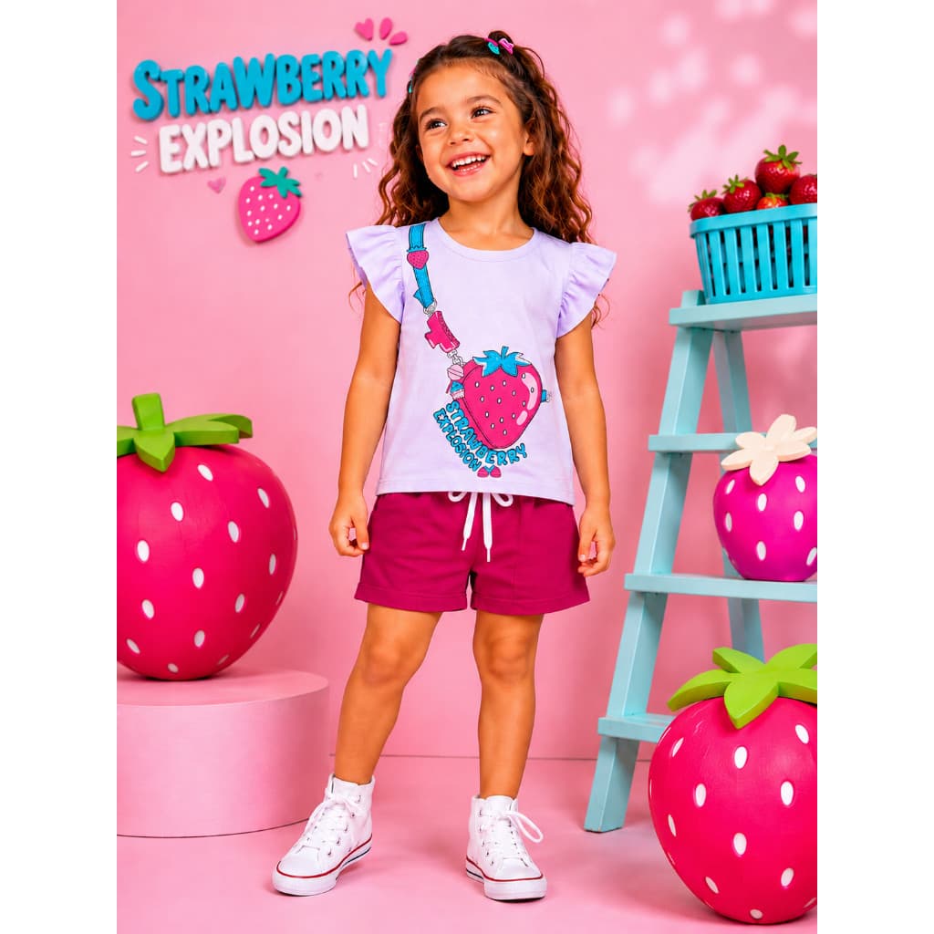 Conjunto Infantil Blusa Malha Com Babado nas Mangas Estampa e Bermuda Moletinho Clochard Com Cadarço