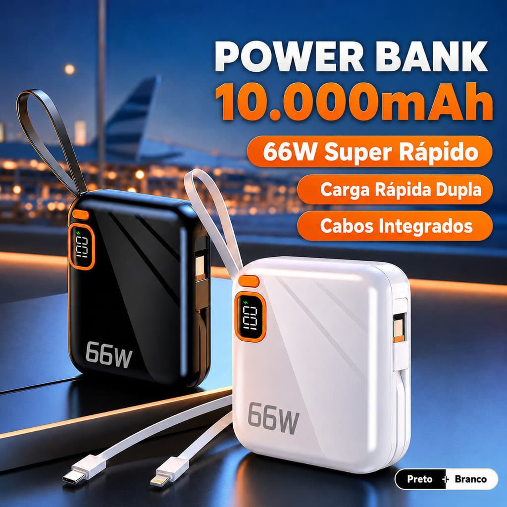 Carregamento Rápido Duplo Oferece Recarga Super Rápida Bateria Carregadora 10000mAh Compacta Com Cabo Integrado