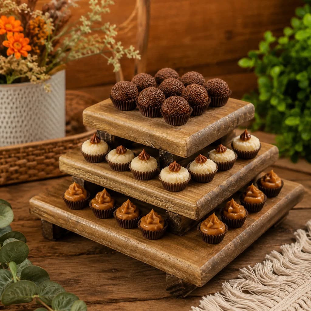 Trio De Bandejas Quadradas Em Madeira Para Decoração De Mesa