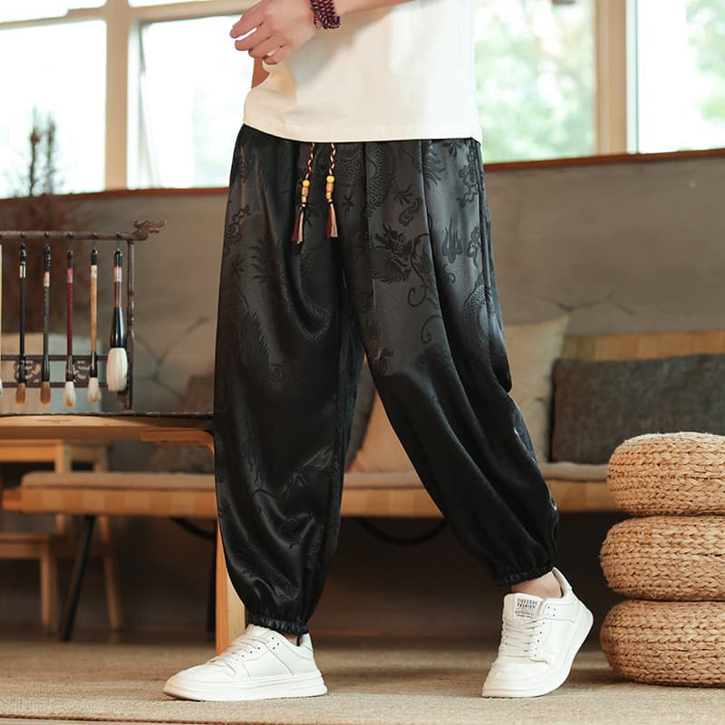 Estilo Calças Compridas De Seda Gelo Casuais Masculinas Leggings Finas Harem Chinês Dragão Impressão Marca Na Moda Tang