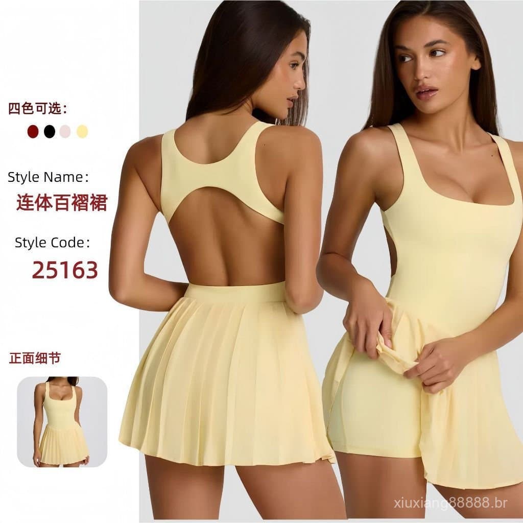 Vestido esportivo feminino estilo europeu e americano, com ombros à mostra, saia plissada anti-exposição para yoga, saia