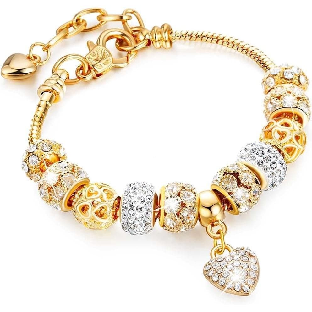 Pulseira luxuosa ajustável com pingente em forma de coração de strass, feita à mão com contas de ouro, adequada para mul